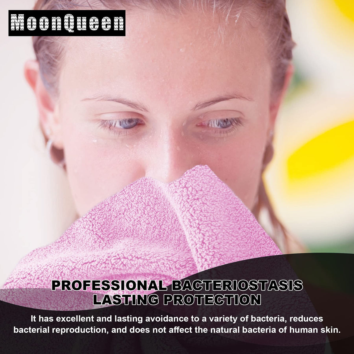 MOONQUEEN quick-dry fabric shown in use during routine skincare.