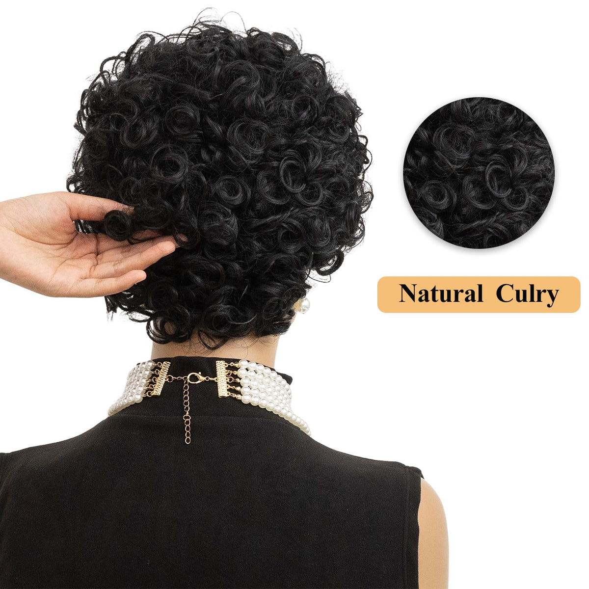 MOONSHOW black curly wig cap featuring elastic straps for security.