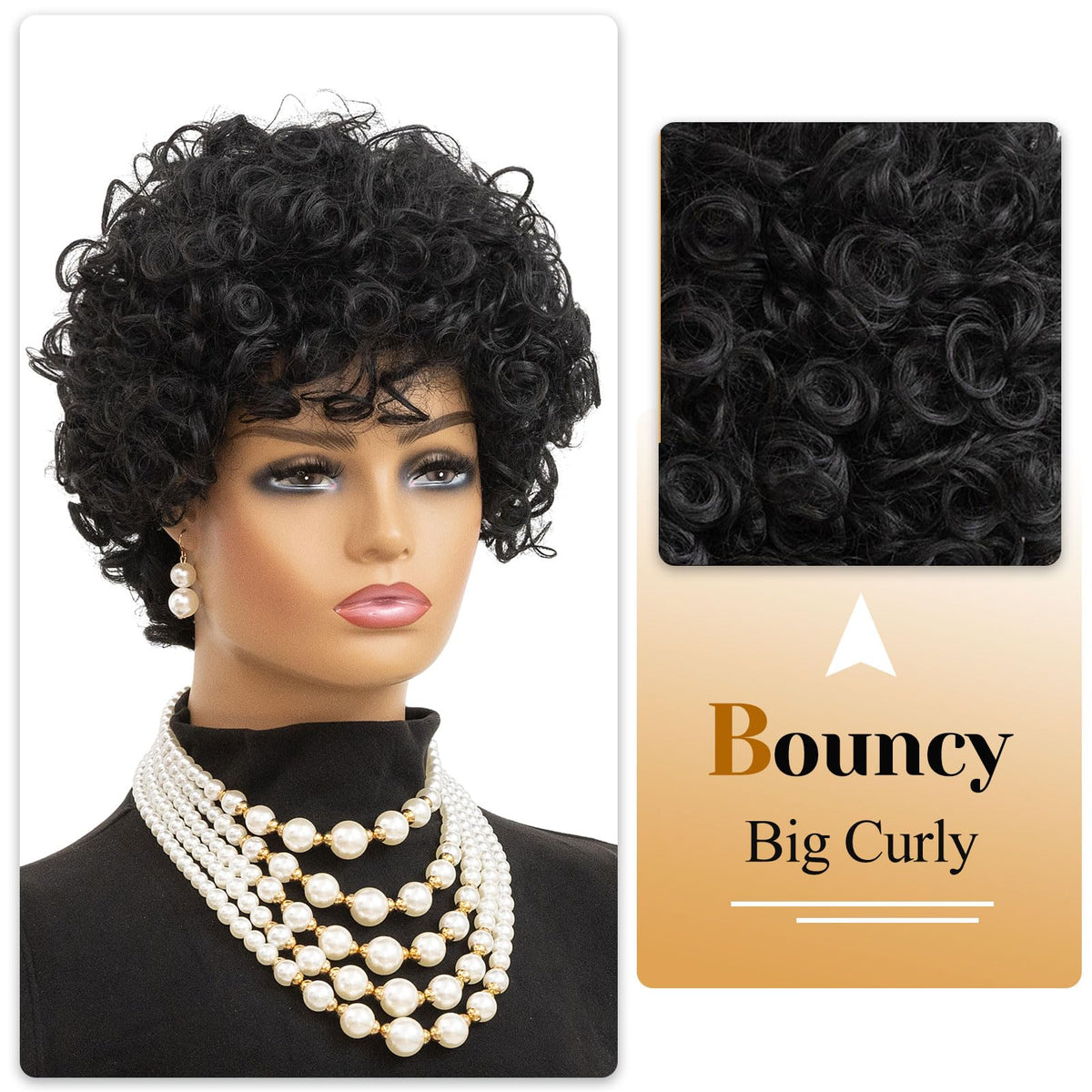 MOONSHOW black curly wig with full bangs for a youthful silhouette.