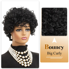 MOONSHOW black curly wig with full bangs for a youthful silhouette.