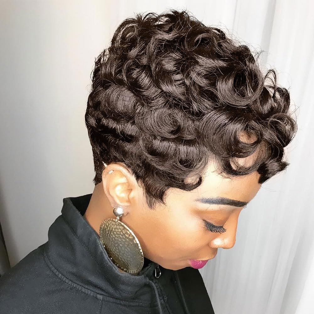 Moonshow brown pixie cut wig free cap and razor comb included for styling.