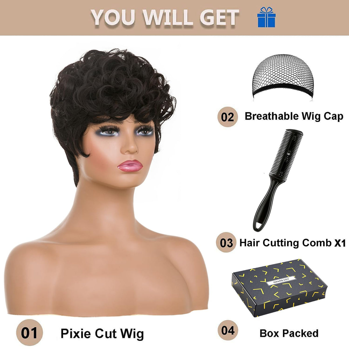 Moonshow brown pixie cut wig side view showing tapered back for shape.