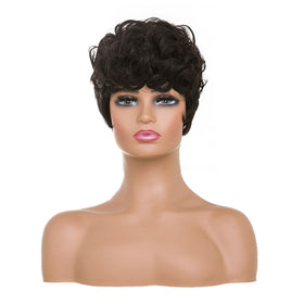 Moonshow brown pixie cut wig top curls highlighting natural volume.
