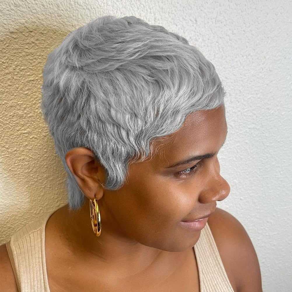 MOONSHOW grey short pixie wig front view for easy everyday elegance