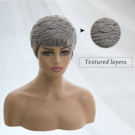 MOONSHOW grey pixie wig on model demonstrates everyday versatility