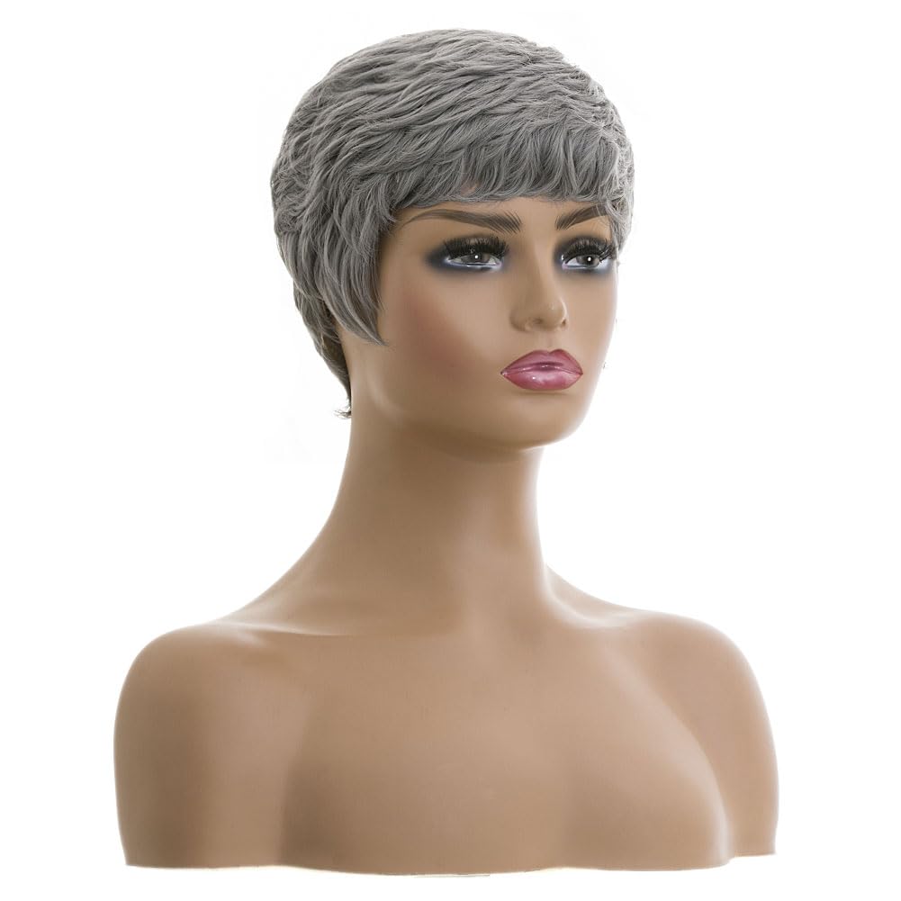 MOONSHOW grey short pixie wig side profile shows modern chic