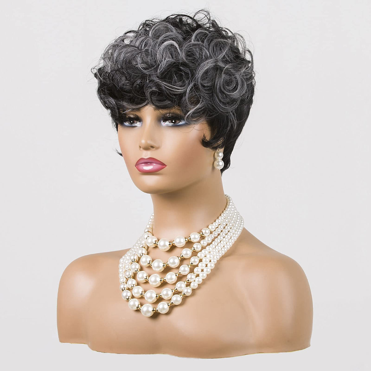 MOONSHOW Grey Wig side view shows versatile pixie for quick styling