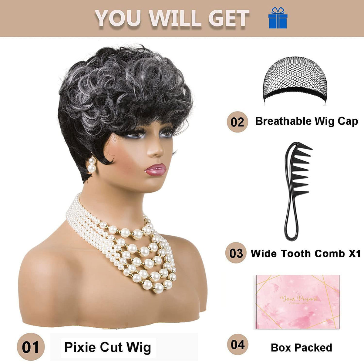 MOONSHOW Grey Wig top curls ombre adds volume and frame