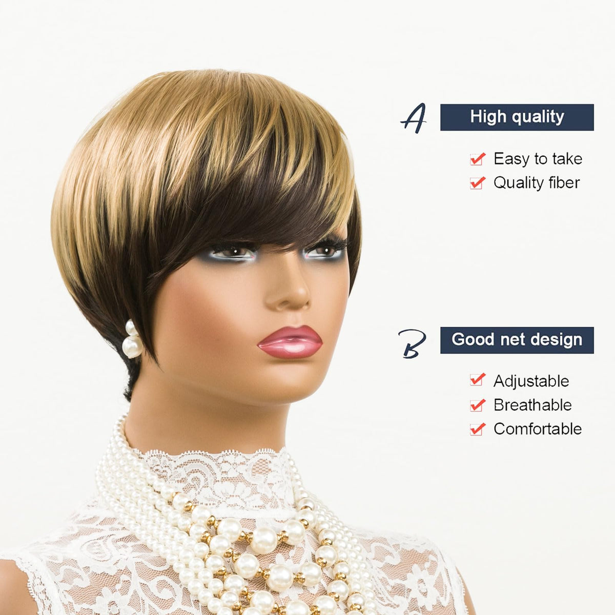 Moonshow ombre blonde pixie wig close-up highlights textured layers and shine.