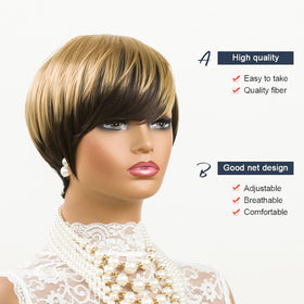 Moonshow ombre blonde pixie wig close-up highlights textured layers and shine.