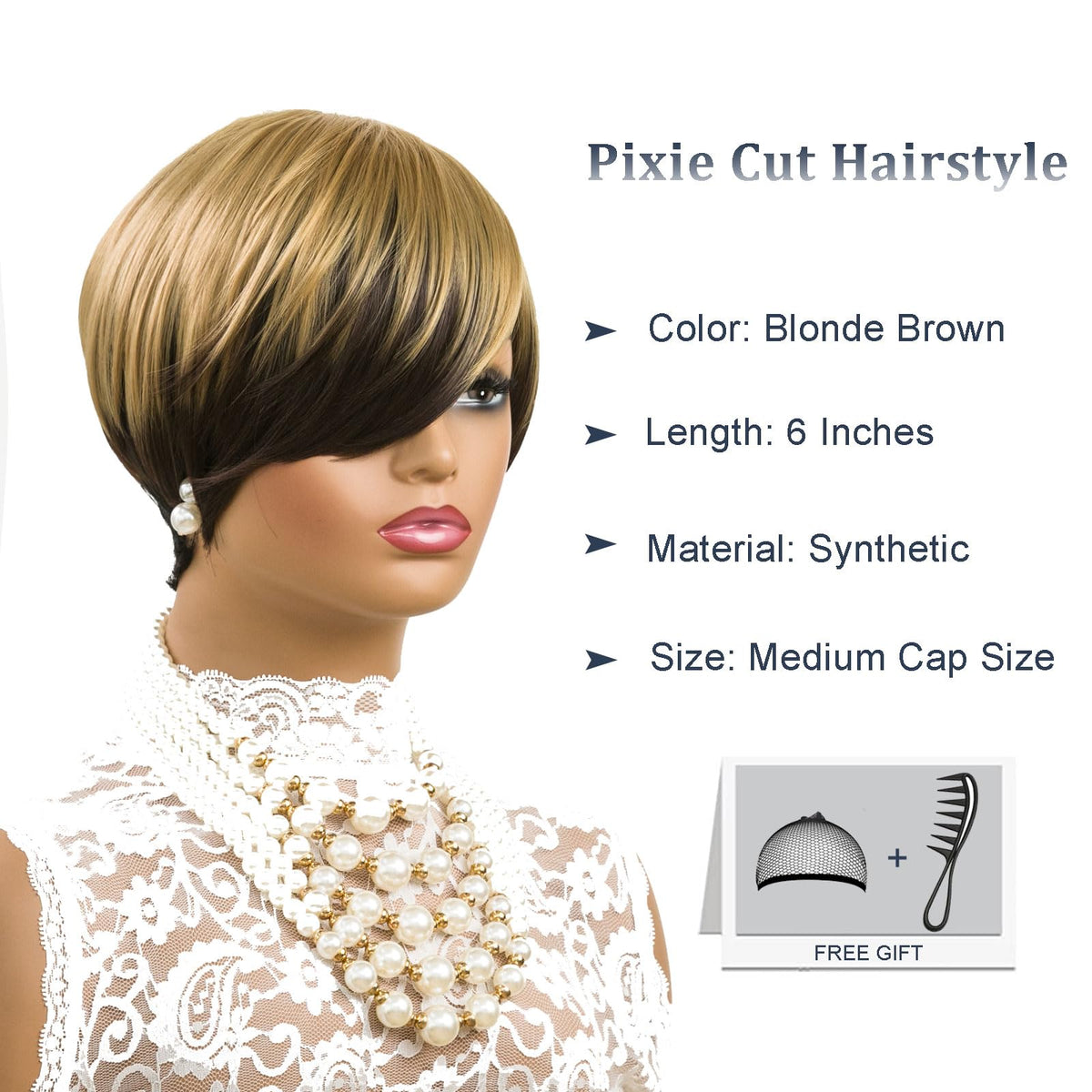 Moonshow adjustable-cap pixie wig ensures secure, comfortable wear.