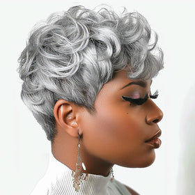 MOONSHOW ready-to-wear grey pixie wig, travel-friendly packaging.