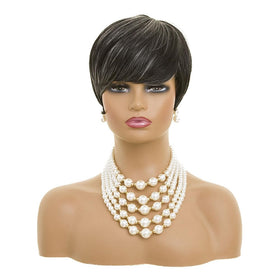 MOONSHOW short grey pixie wig back view with natural layered texture.