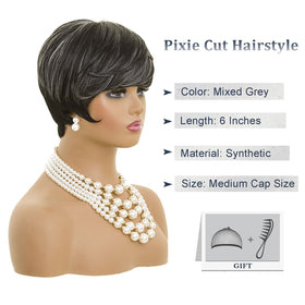 MOONSHOW short grey pixie wig close-up bangs showing texture.