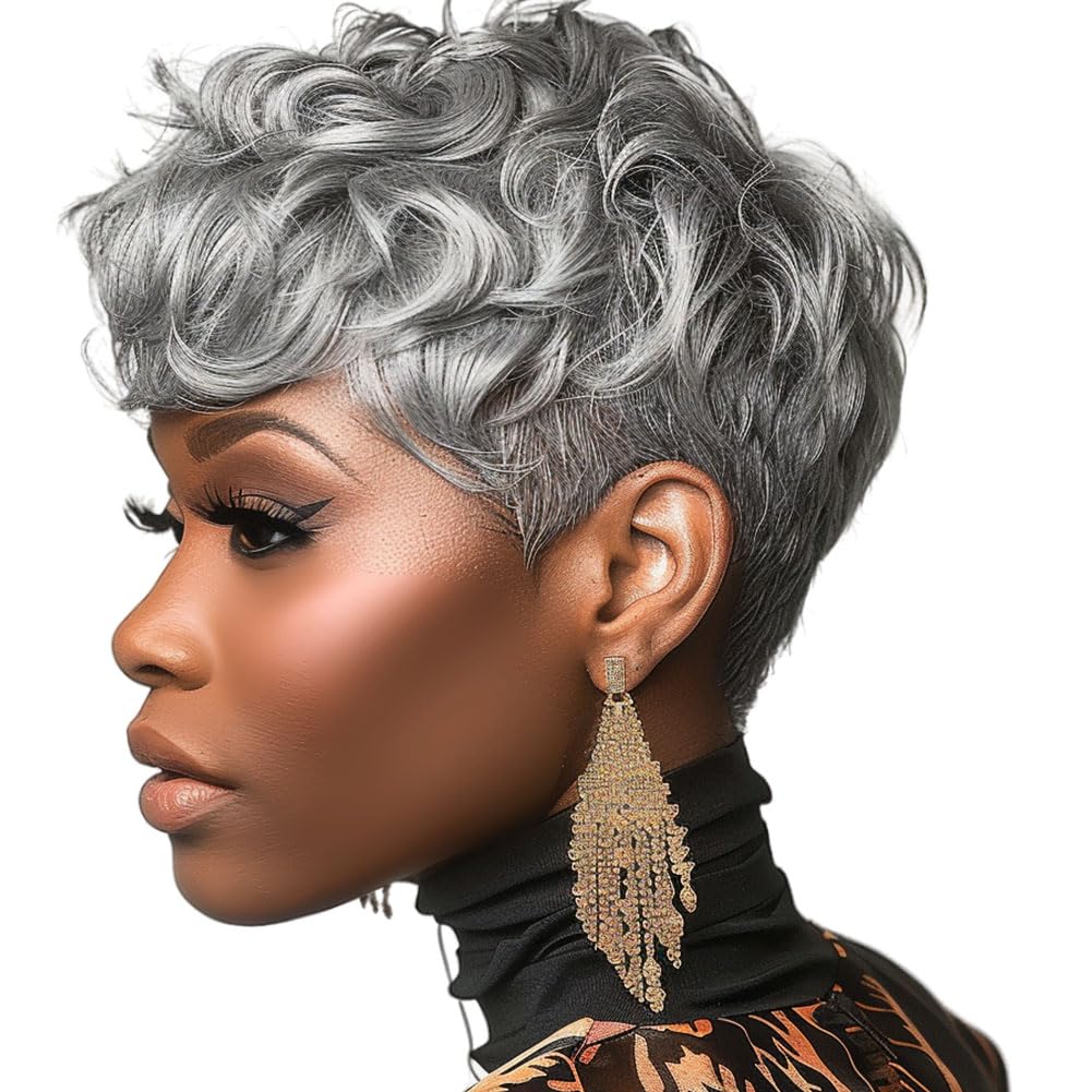 MOONSHOW short grey wig front view, stylish pixie look for daily wear.