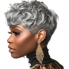 MOONSHOW short grey wig front view, stylish pixie look for daily wear.