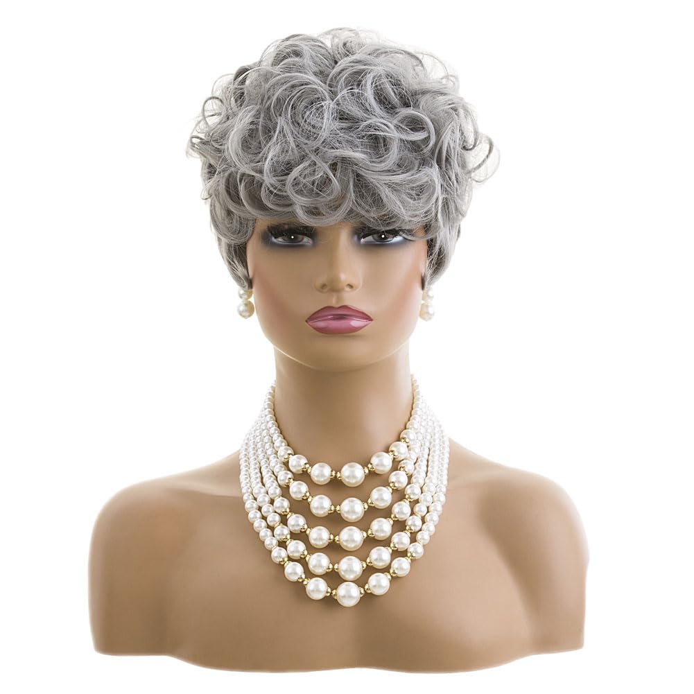 MOONSHOW grey pixie wig top curls, highlighting volume and texture.