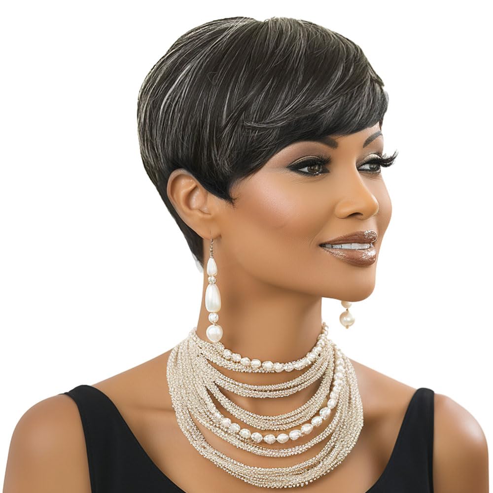 MOONSHOW short grey pixie wig versatile styling for day to night looks.