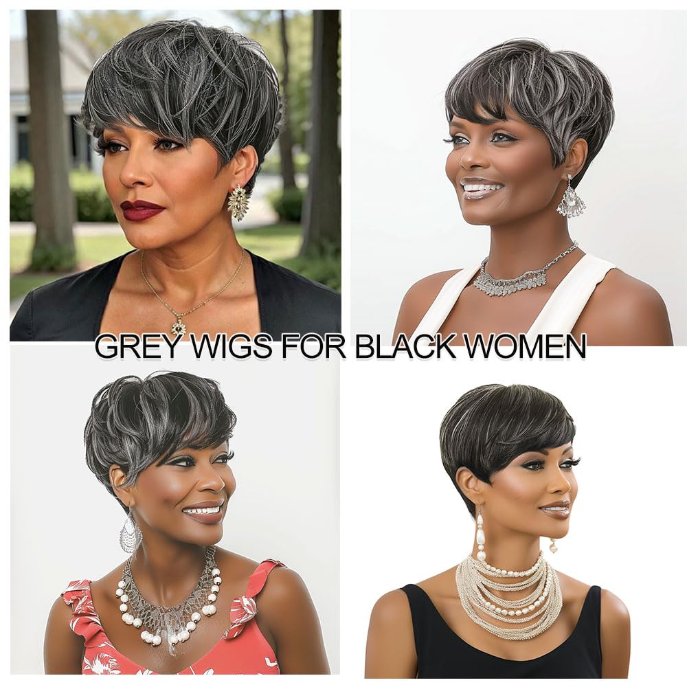 MOONSHOW short grey pixie wig color variation note reflects real lighting.