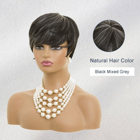 MOONSHOW short grey pixie wig layered texture highlights facial features.