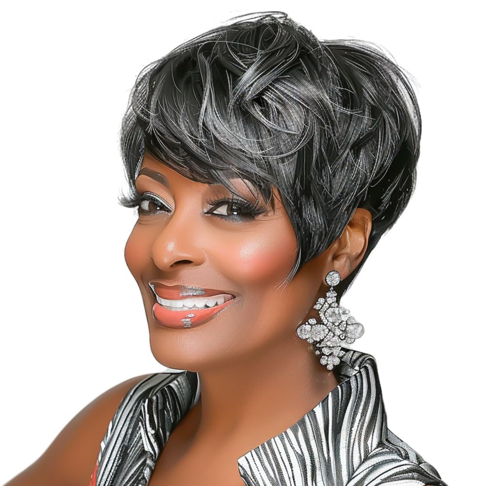 MOONSHOW short grey pixie wig side profile for easy daily styling.