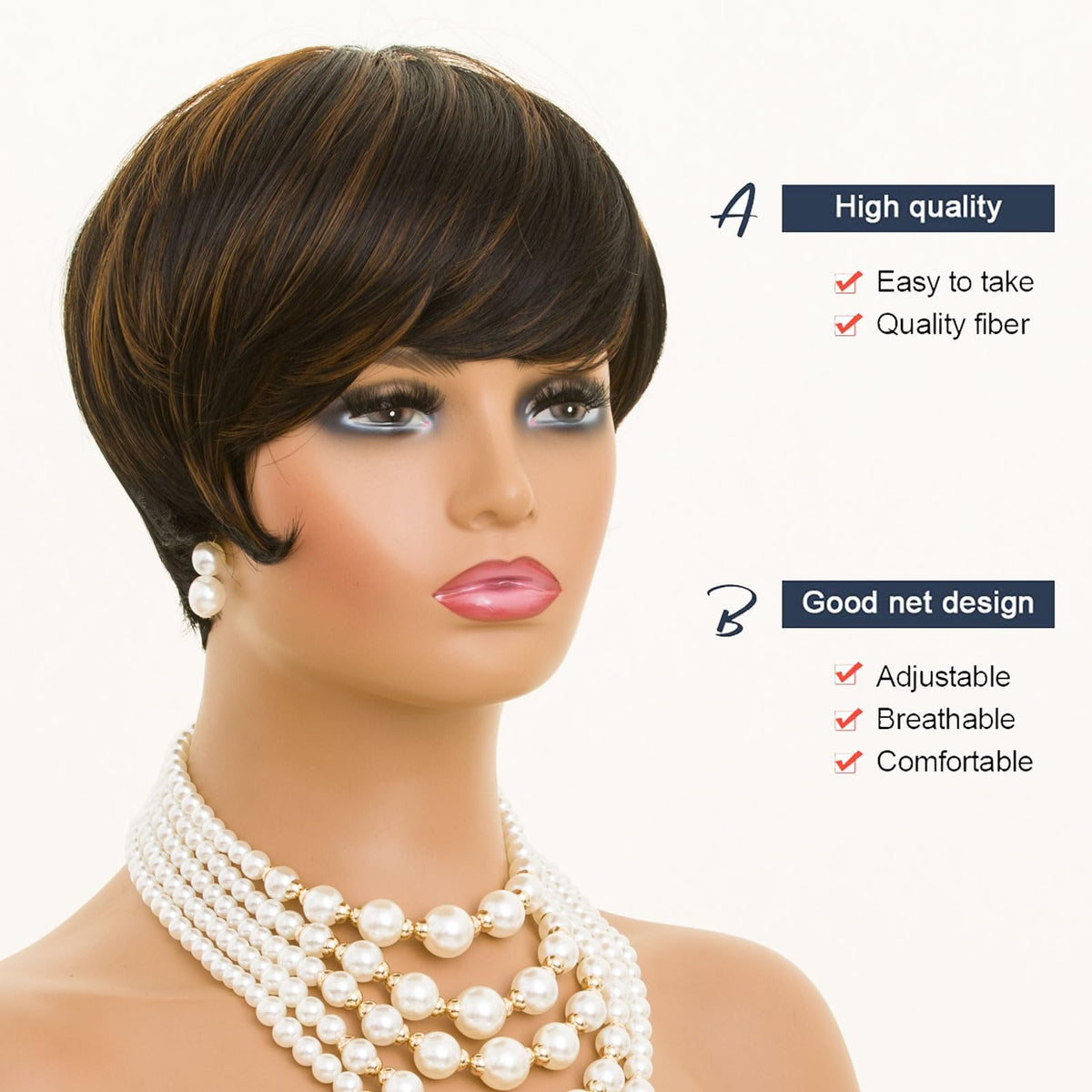 MOONSHOW Auburn Brown Pixie Wig side view highlights textured layers for movement.