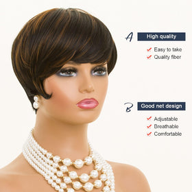 MOONSHOW Auburn Brown Pixie Wig side view highlights textured layers for movement.