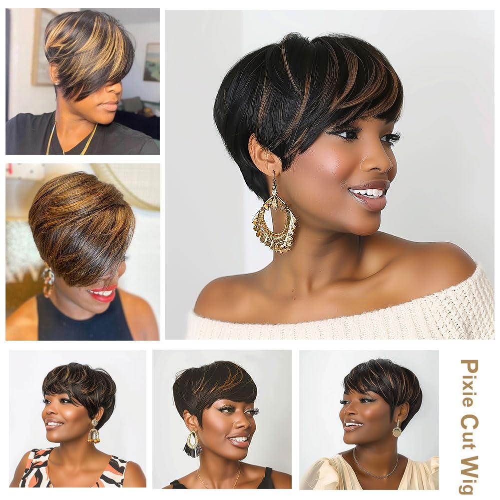 MOONSHOW Auburn Pixie Wig style shot shows easy styling options.