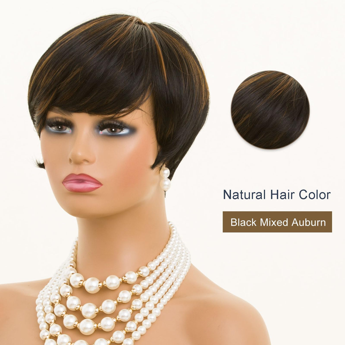 MOONSHOW Auburn Brown Pixie Wig close-up textures emphasize layered detail.