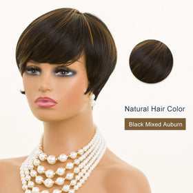 MOONSHOW Auburn Brown Pixie Wig close-up textures emphasize layered detail.