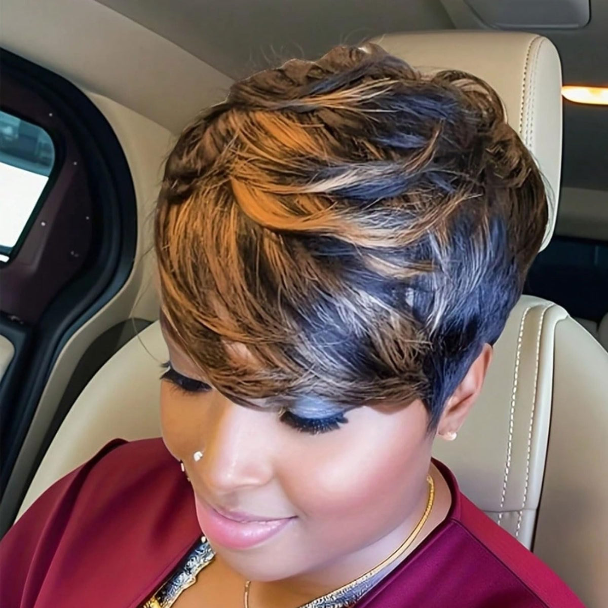 MOONSHOW short wig brown pixie front view for bold, low-maintenance daily style
