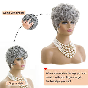 MOONSHOW synthetic grey wig close-up, fiber detail and durability.