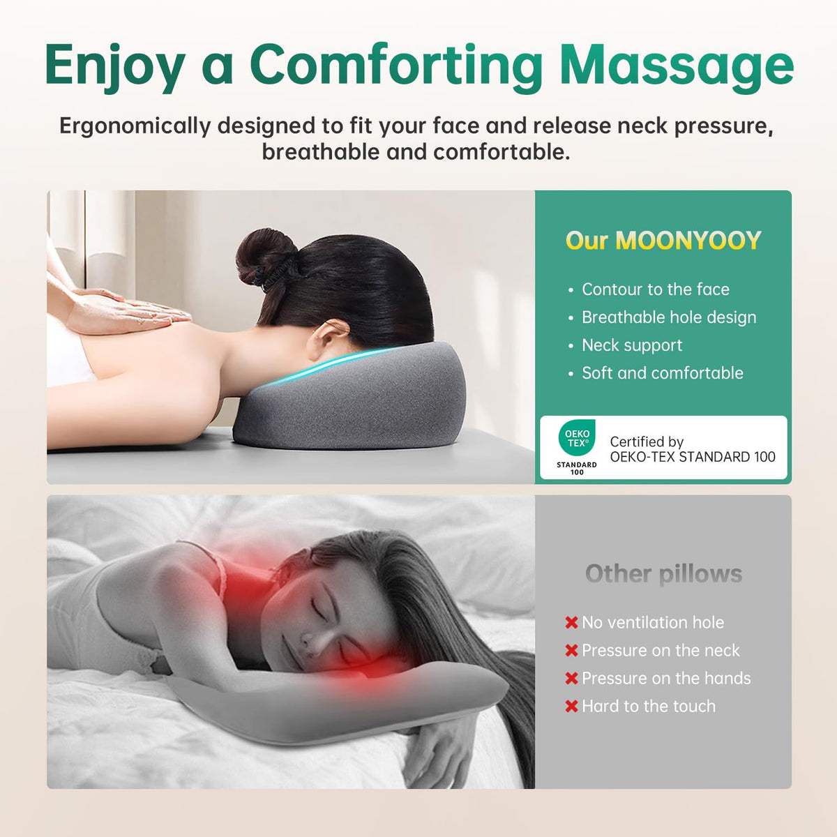 MOONYOOY face-down pillow designed for stomach sleepers and spinal alignment