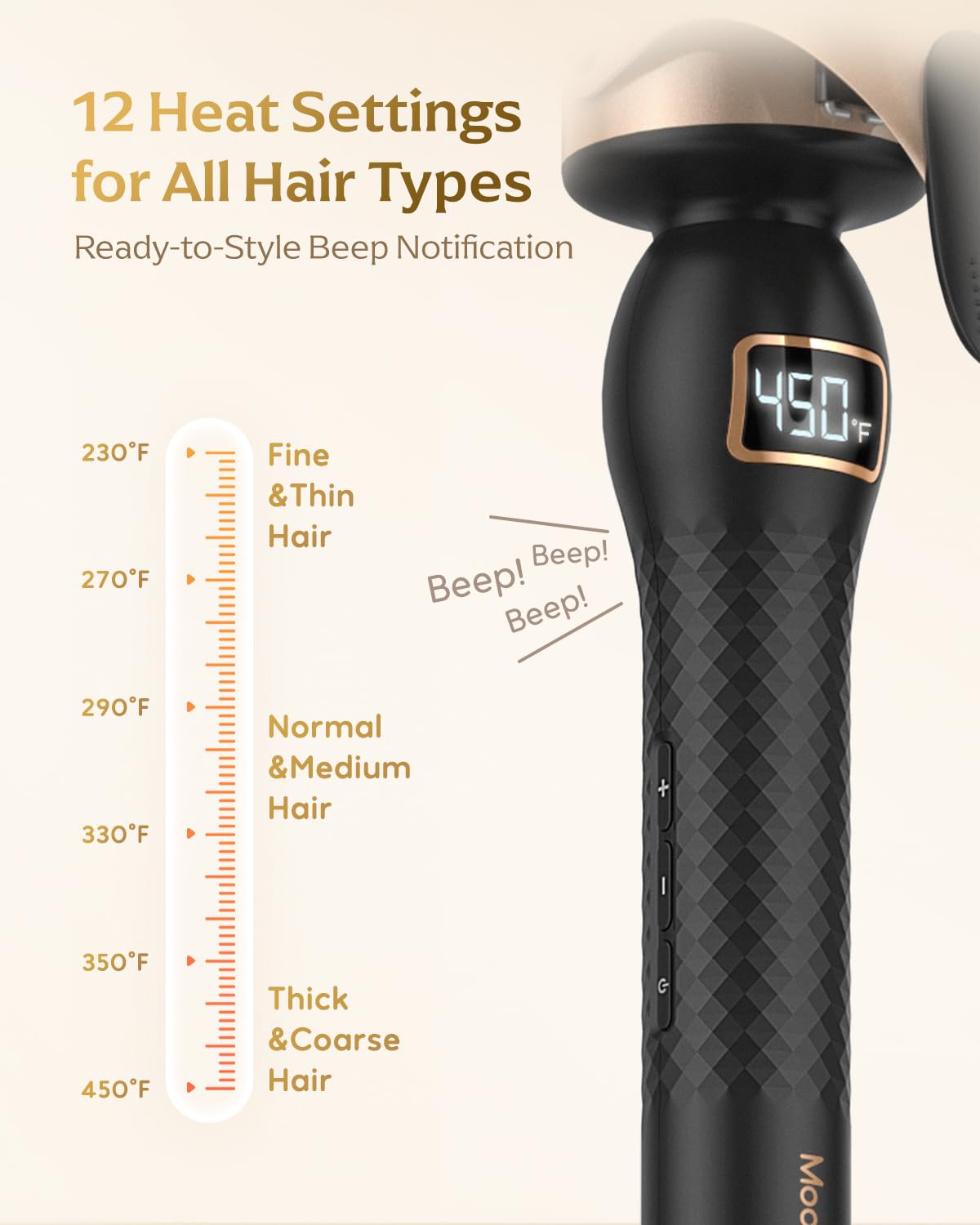 Mooqlizz ceramic coated barrel distributes heat evenly to reduce hotspots and frizz