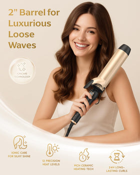Mooqlizz curling iron with large barrel produces loose waves for long hair and volume