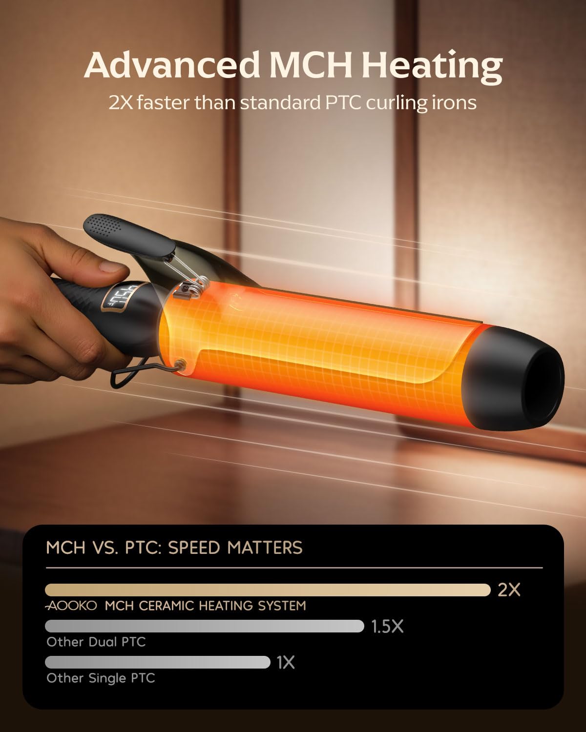 Mooqlizz curling iron uses MCH heating for quick, consistent heat during styling