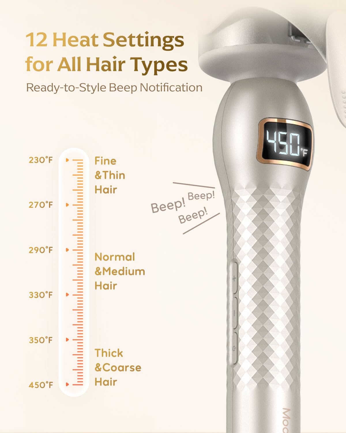 Mooqlizz curling iron showing 12 heat settings for customizable styling.