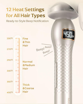 Mooqlizz curling iron showing 12 heat settings for customizable styling.
