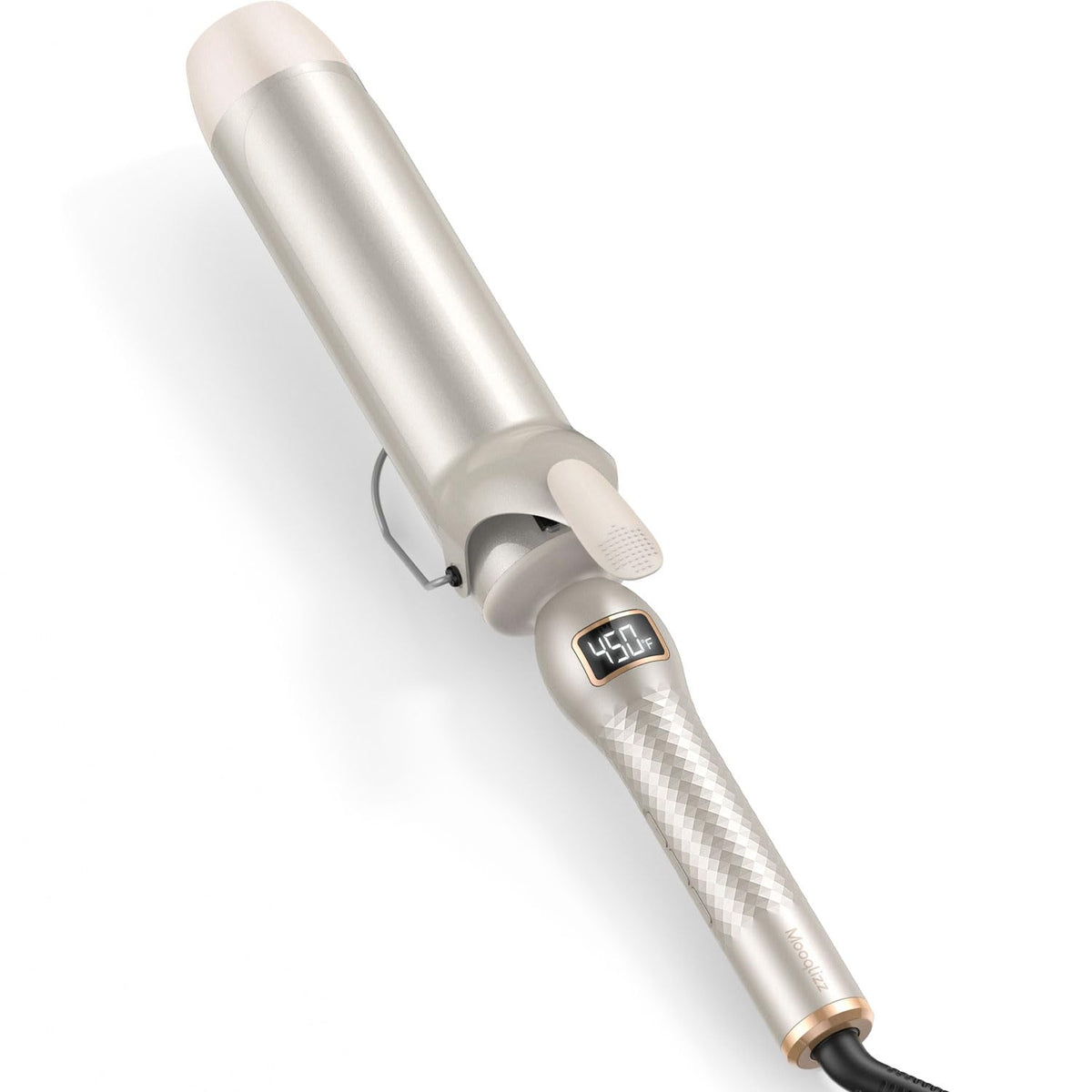 Mooqlizz curling iron with 2-inch barrel creating loose waves on long hair.