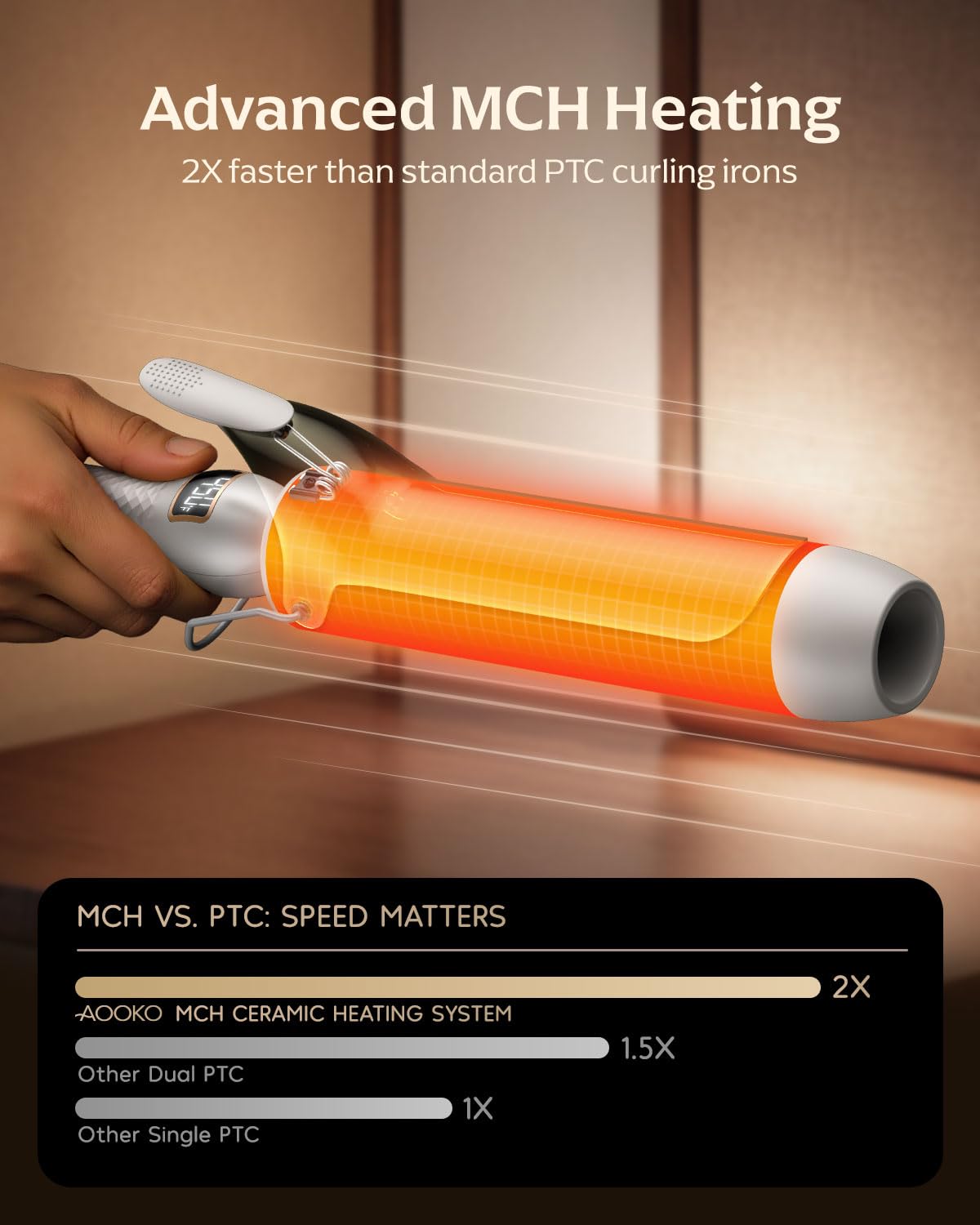 Mooqlizz curling iron ceramic barrel delivering even heat for steady styling.