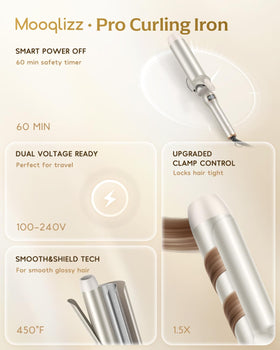Mooqlizz curling iron with gold finish for premium styling.