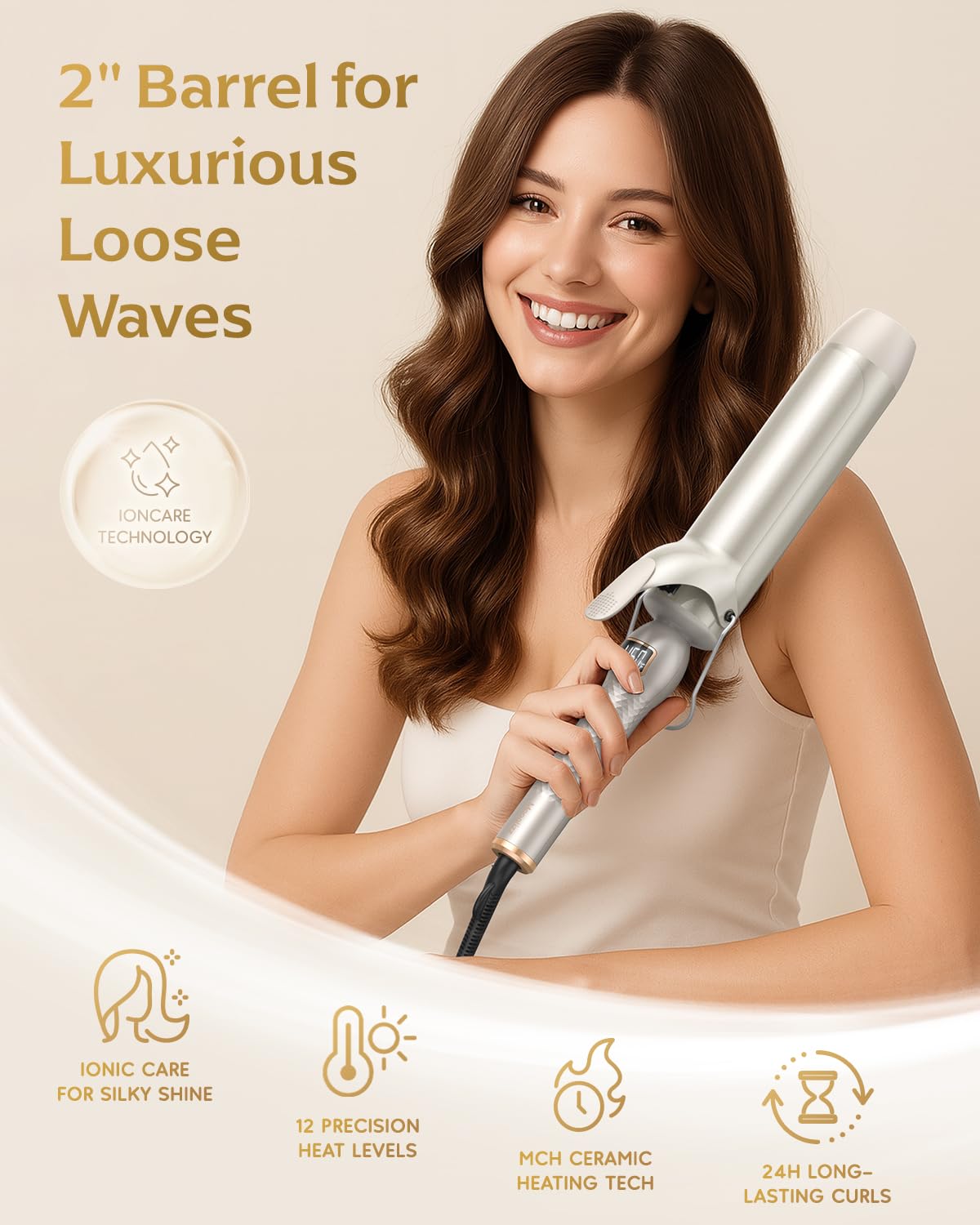 Mooqlizz curling iron producing long-hair waves with a smooth finish.