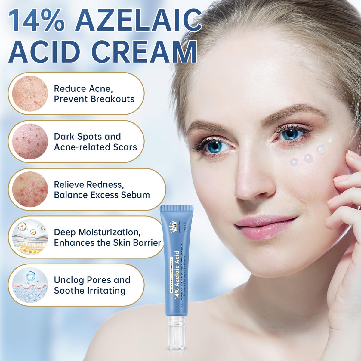 Mopayzer Azelaic Acid 14% cream closeup texture highlights smooth absorption