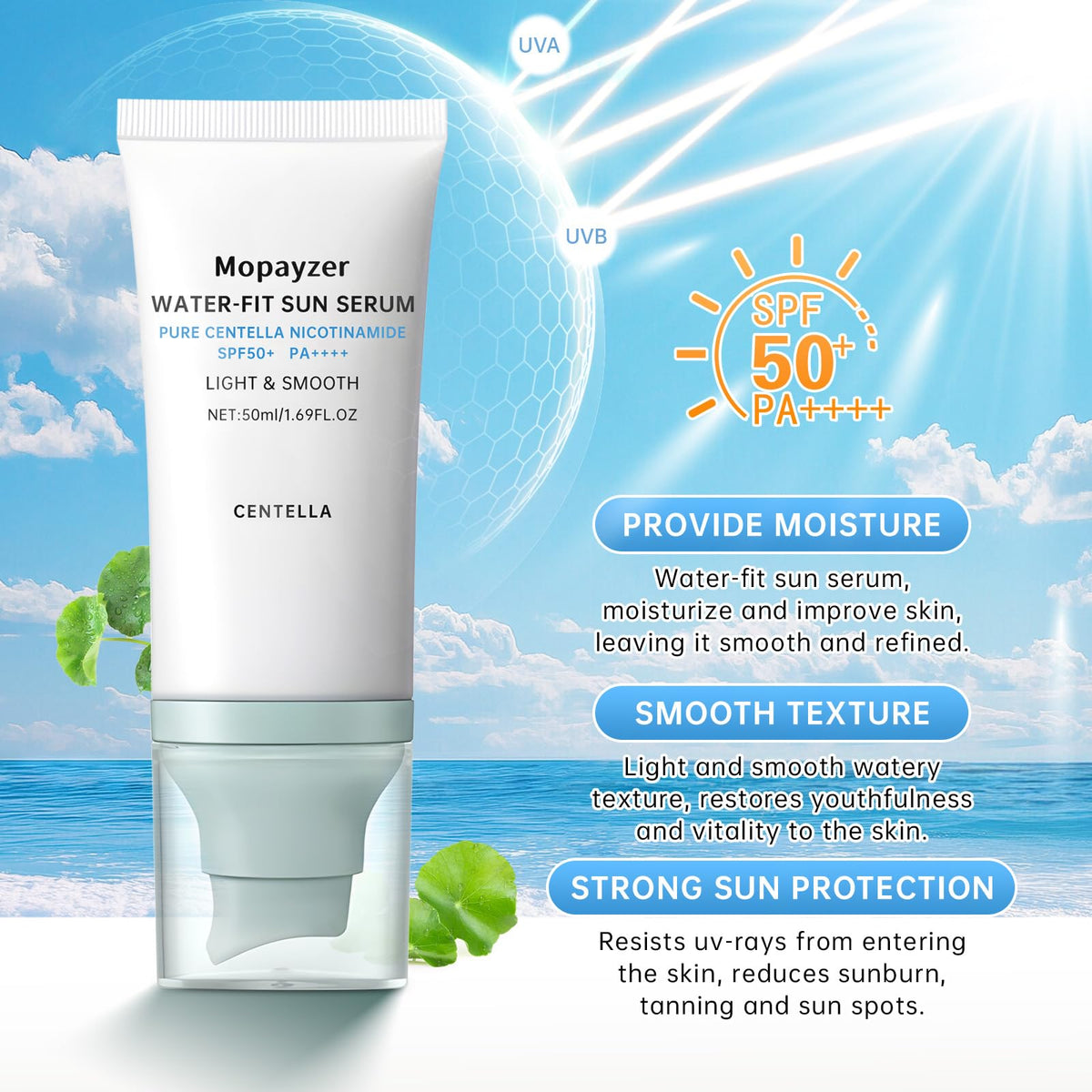 Mopayzer Centella Sunscreen SPF 50 gel texture for quick absorption