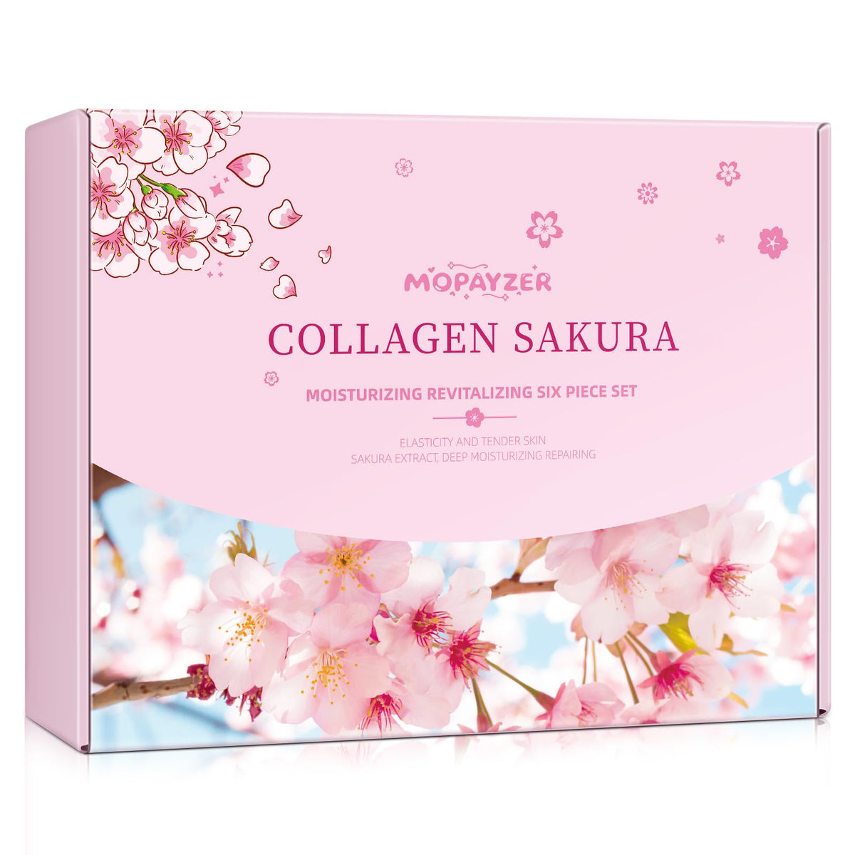 Mopayzer Collagen Sakura gift box showcases six-piece routine for daily skincare.
