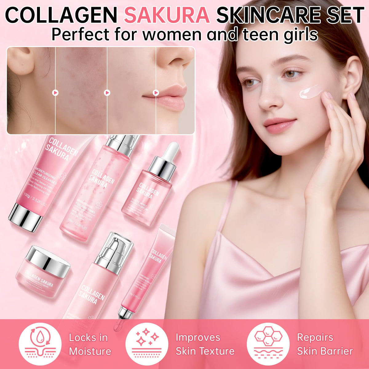 Mopayzer Collagen Sakura toner bottle balances skin and tightens pores after cleansing.
