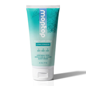 MopTop Curl Cream bottle pour shows frizz control and moisture for defined curls