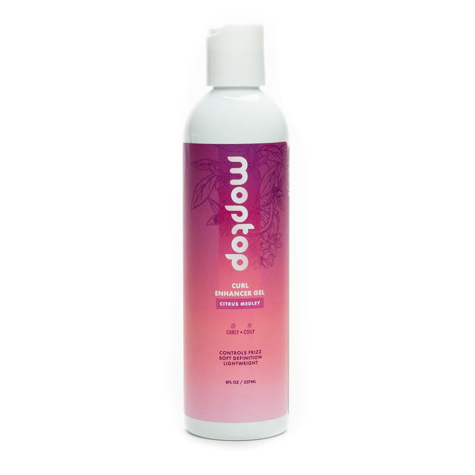 MopTop Curl Enhancer Gel bottle highlights lightweight curl definition and frizz control