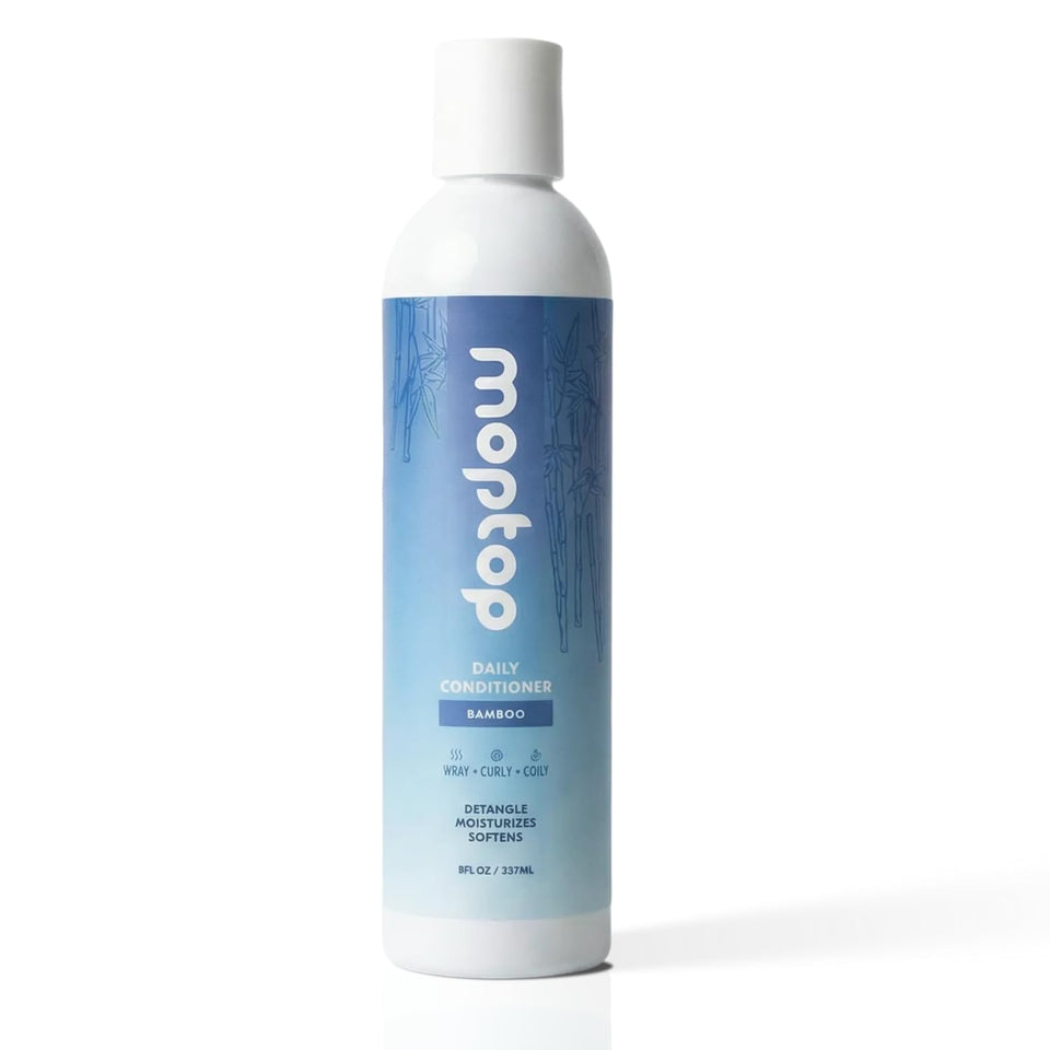 MopTop Daily Curly Hair Conditioner bottle showing silicone-free formula for frizz control.