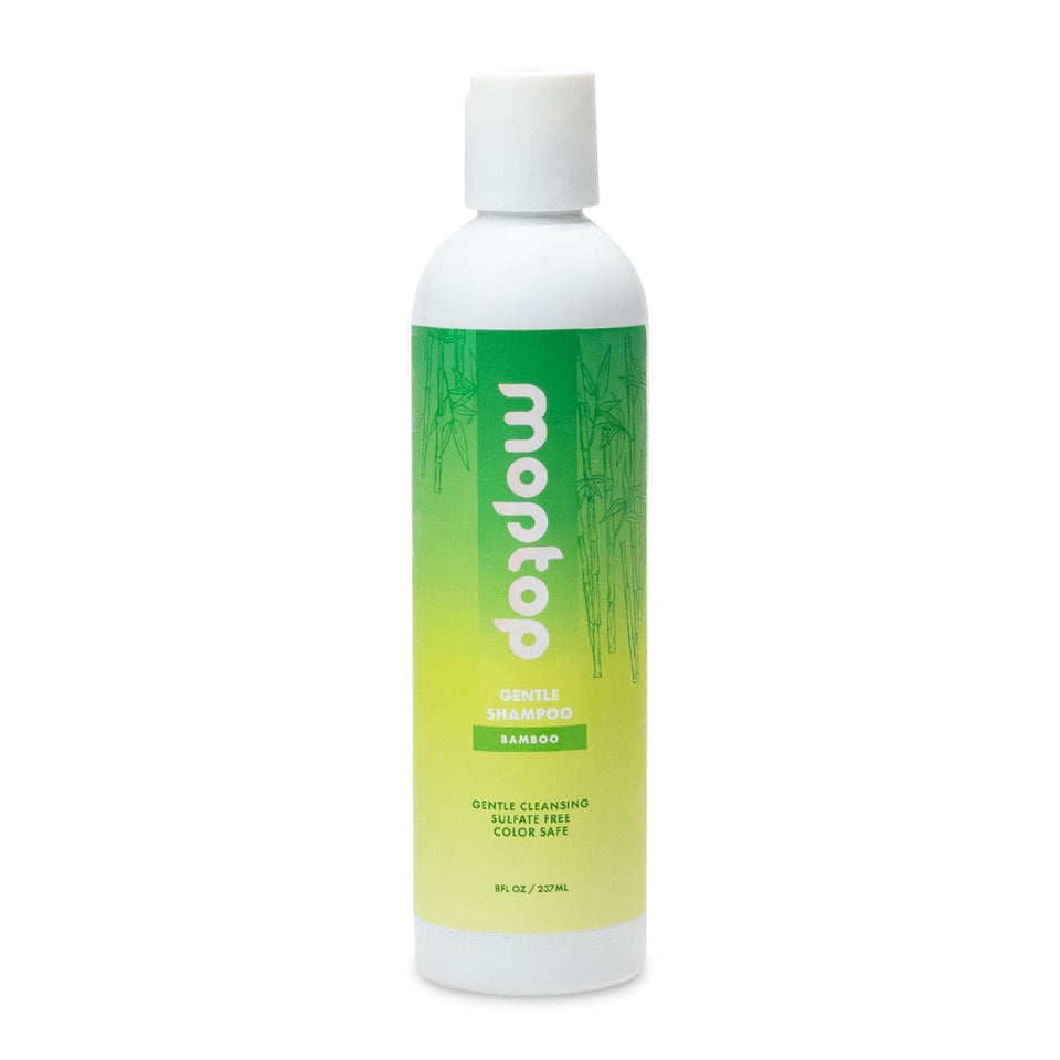 MopTop Gentle Shampoo bottle front shows sulfate-free cleansing for all textures.